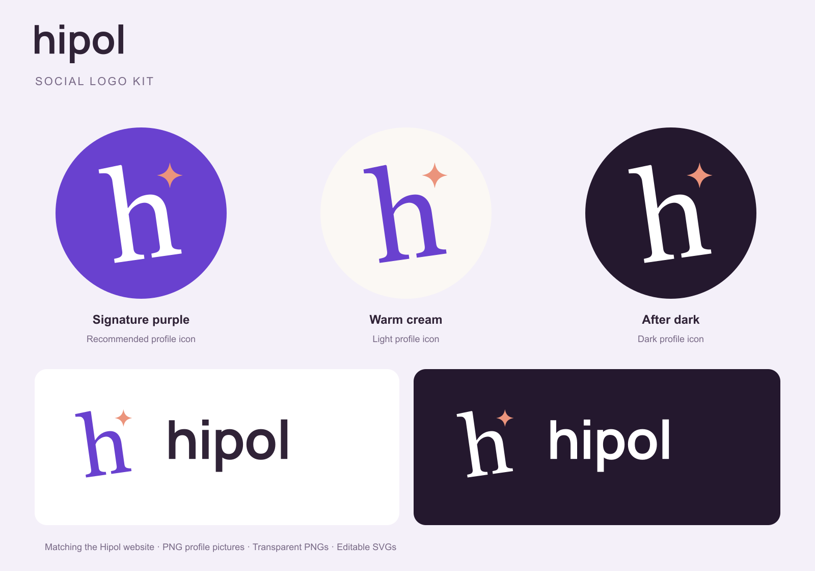 Hipol purple, cream and dark profile icons, plus light and dark wordmarks
